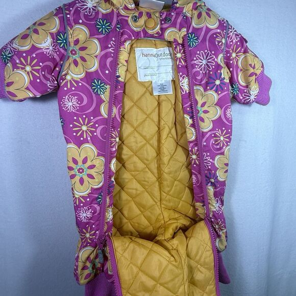 Hanna Andersson Pink Floral Hooded Lined Zipper Baby Snowsuit Size 60 US 3-6 M - Picture 7 of 10